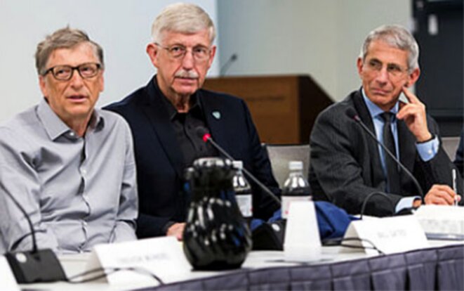 L’eugéniste Bill Gates, à gauche, le directeur des Instituts américains de la santé (NIH), le Dr Francis Collins et le directeur du NIAID, le Dr Anthony Fauci (conseiller de Donald Trump sur le coronavirus), lors d’un atelier sur la santé mondiale 2017 de la Fondation Gates sur des sujets qui comprenaient la recherche sur les vaccins. L’eugéniste Bill Gates, à gauche, le directeur des Instituts américains de la santé (NIH), le Dr Francis Collins et le directeur du NIAID, le Dr Anthony Fauci (conseiller de Donald Trump sur le coronavirus), lors d’un atelier sur la santé mondiale 2017 de la Fondation Gates sur des sujets qui comprenaient la recherche sur les vaccins.