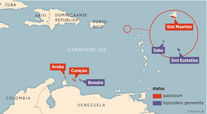 Le statut de dépendance modernisée des différentes îles néerlandaises des Caraïbes. En rouges les îles à statut d’Autonomie, en bleu les collectivités /municipalités spéciales. Image Louman & Friso. Le statut de dépendance modernisée des différentes îles néerlandaises des Caraïbes. En rouges les îles à statut d’Autonomie, en bleu les collectivités /municipalités spéciales. Image Louman & Friso.