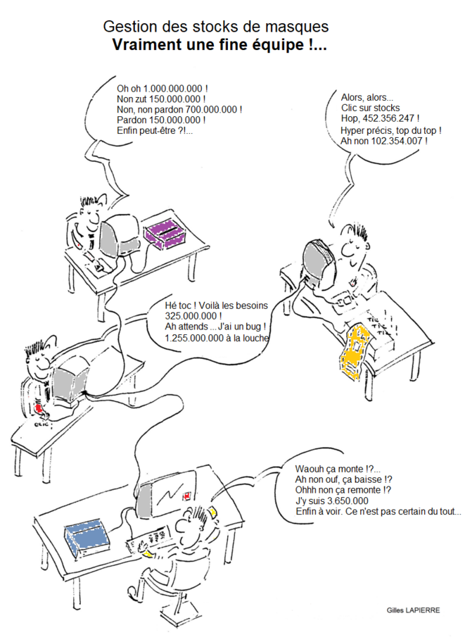 Gestion des stocks de masques. Vraiment une fine équipe !... © Gilles Lapierre Gestion des stocks de masques. Vraiment une fine équipe !... © Gilles Lapierre