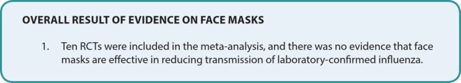 Extrait du document de l’OMS : “Non-pharmaceutical public health measures for mitigating the risk and impact of epidemic and pandemic influenza” : « Il n’y a aucune preuve que les masques faciaux sont efficaces pour réduire la transmission de la grippe confirmée en laboratoire ». World Health Organization, 2019. ISBN 978-92-4-151683-9. Page 26. Extrait du document de l’OMS : “Non-pharmaceutical public health measures for mitigating the risk and impact of epidemic and pandemic influenza” : « Il n’y a aucune preuve que les masques faciaux sont efficaces pour réduire la transmission de la grippe confirmée en laboratoire ». World Health Organization, 2019. ISBN 978-92-4-151683-9. Page 26.
