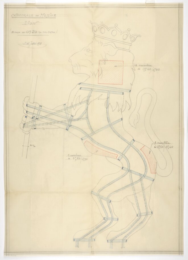 Théodore Ungerer (1897-1935) Lion de la cathédrale de Messine 16 juillet 1931 Crayon au graphite et crayons de couleur sur papier calque Strasbourg, Musée Tomi Ungerer – Centre international de l’Illustration Inv. 99. 2008 1. 268 © Musées de la Ville de Strasbourg, M. Bertola Théodore Ungerer (1897-1935) Lion de la cathédrale de Messine 16 juillet 1931 Crayon au graphite et crayons de couleur sur papier calque Strasbourg, Musée Tomi Ungerer – Centre international de l’Illustration Inv. 99. 2008 1. 268 © Musées de la Ville de Strasbourg, M. Bertola