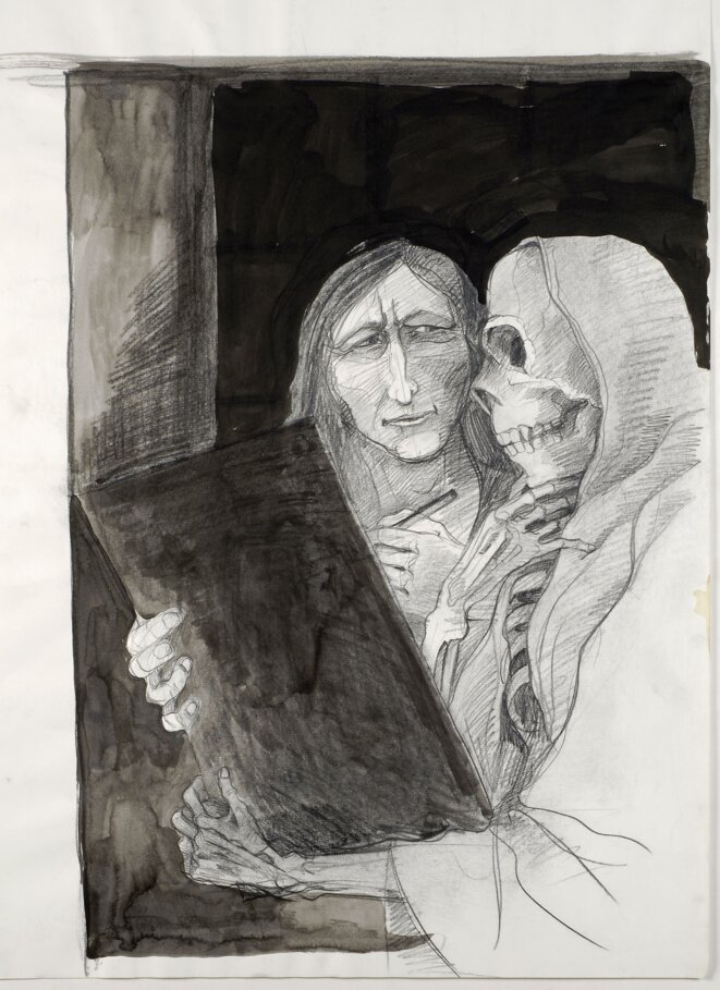 Tomi Ungerer, Autoportrait à la mort, 1975, Encre de Chine, lavis d’encre noire, crayon gras noir sur papier Strasbourg, Musée Tomi Ungerer - Centre International de l'Illustration Inv. 99.991.21.585 © Diogenes Verlag AG Zürich / Ayants droits Tomi Ungerer Tomi Ungerer, Autoportrait à la mort, 1975, Encre de Chine, lavis d’encre noire, crayon gras noir sur papier Strasbourg, Musée Tomi Ungerer - Centre International de l'Illustration Inv. 99.991.21.585 © Diogenes Verlag AG Zürich / Ayants droits Tomi Ungerer