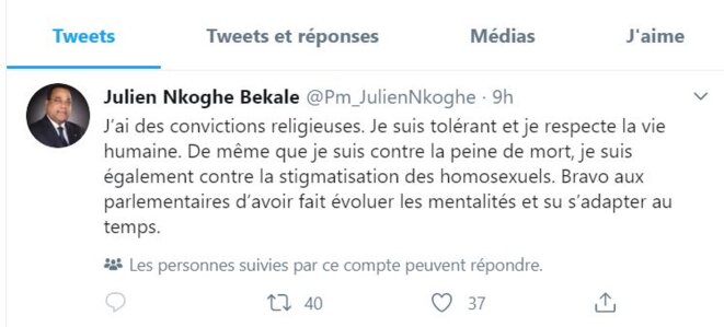 Dépénalisation de l’homosexualité au Gabon- Tweet du 1er Ministre Julien Nkoghé Békalé. Dépénalisation de l’homosexualité au Gabon- Tweet du 1er Ministre Julien Nkoghé Békalé.