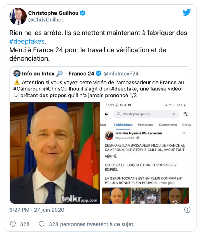 Le tweet de réponse de Christophe Guilhou, ambassadeur au Cameroun Le tweet de réponse de Christophe Guilhou, ambassadeur au Cameroun