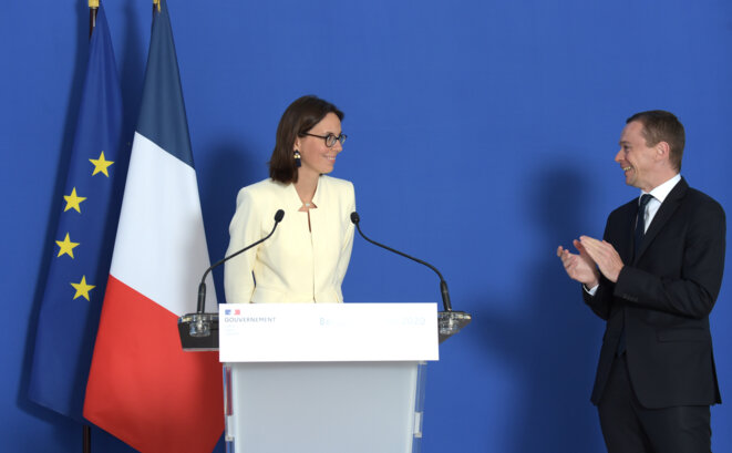 Passation de pouvoirs entre Amélie de Montchalin et Olivier Dussopt le 7 juillet 2020. © AFP
