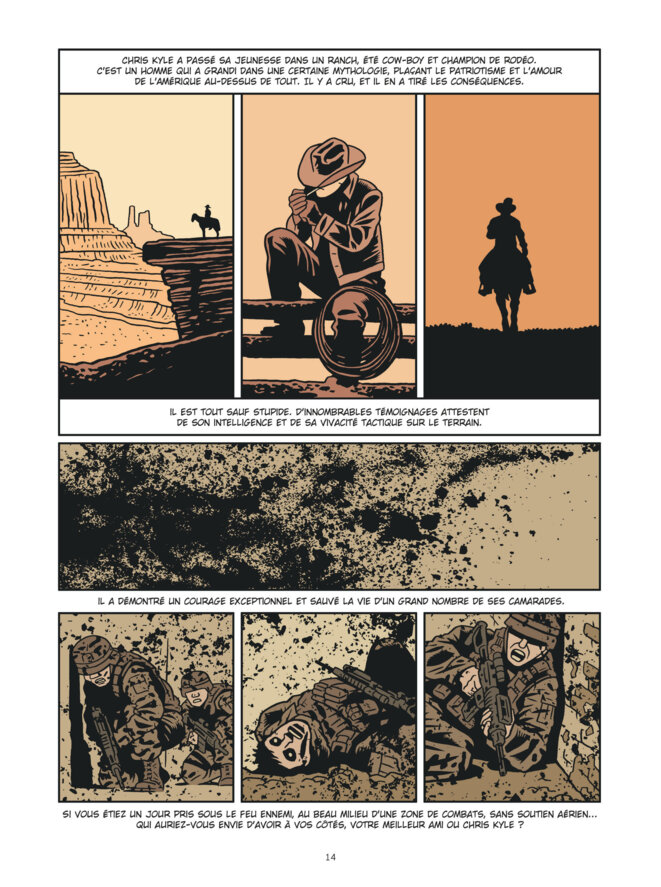 Page 14 de "L’Homme qui tua Chris Kyle". © Fabien Nury/ Brüno/Dargaud Page 14 de "L’Homme qui tua Chris Kyle". © Fabien Nury/ Brüno/Dargaud