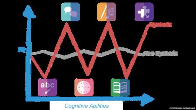 Graphique montrant les différences entre les compétences d'une personne qui peut être dyslexique et celles d'une personne considérée comme neurotypique. © Exceptionnals individuals Graphique montrant les différences entre les compétences d'une personne qui peut être dyslexique et celles d'une personne considérée comme neurotypique. © Exceptionnals individuals