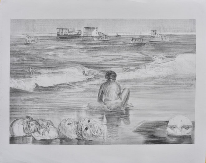 Iris Levasseur, Champ de bataille : mer têtes, 2018, pierre noire sur papier Ingres, 50 x 67 cm. © Iris Levasseur, courtesy galerie odile Ouizeman Iris Levasseur, Champ de bataille : mer têtes, 2018, pierre noire sur papier Ingres, 50 x 67 cm. © Iris Levasseur, courtesy galerie odile Ouizeman