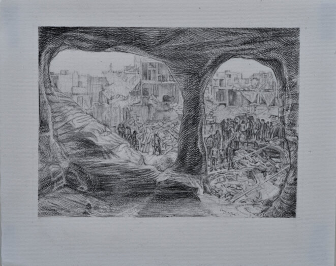 Iris Levasseur, Champ de bataille : petit crâne intérieur, 2018, pierre noire sur papier Ingres, 24x 30 cm. © Iris Levasseur, courtesy galerie odile Ouizeman Iris Levasseur, Champ de bataille : petit crâne intérieur, 2018, pierre noire sur papier Ingres, 24x 30 cm. © Iris Levasseur, courtesy galerie odile Ouizeman