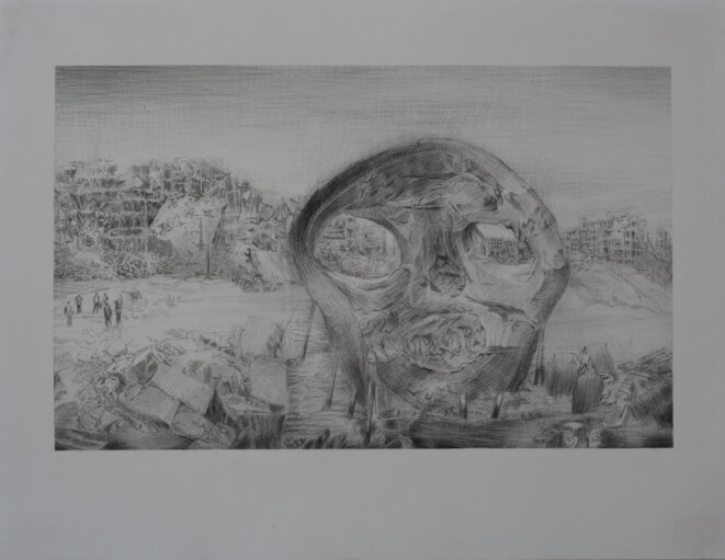 Iris Levasseur, Champ de bataille : Crâne, 2018, pierre noire sur papier Ingres, 50 x 65 cm © Iris Levasseur, courtesy galerie odile Ouizeman Iris Levasseur, Champ de bataille : Crâne, 2018, pierre noire sur papier Ingres, 50 x 65 cm © Iris Levasseur, courtesy galerie odile Ouizeman