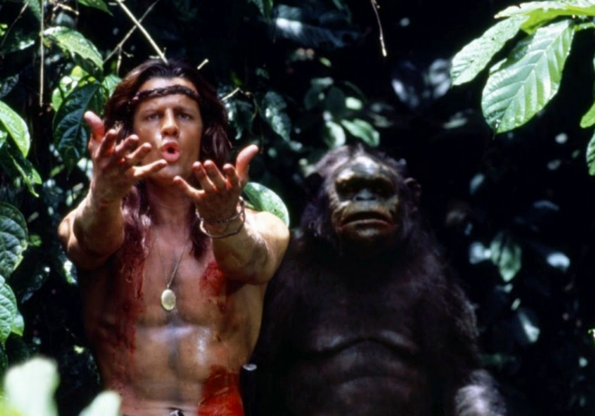 Christophe Lambert et un singe, dans « Greystoke ». Christophe Lambert et un singe, dans « Greystoke ».