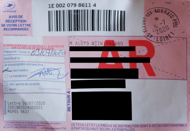 L'avis de réception à son nom signé par Aloys Ntiwiragabo. L'avis de réception à son nom signé par Aloys Ntiwiragabo.