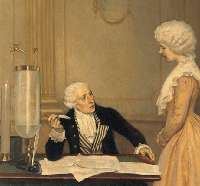 Lavoisier expliquant le résultat de ses expériences sur l’air à sa femme. © Huile sur toile d’Ernest Board Lavoisier expliquant le résultat de ses expériences sur l’air à sa femme. © Huile sur toile d’Ernest Board