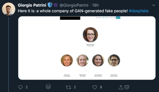 Dans son tweet Giorgio Patrini révèle l'existence d'une entreprise dont les collaborateurs sont tous des deepfakes Dans son tweet Giorgio Patrini révèle l'existence d'une entreprise dont les collaborateurs sont tous des deepfakes