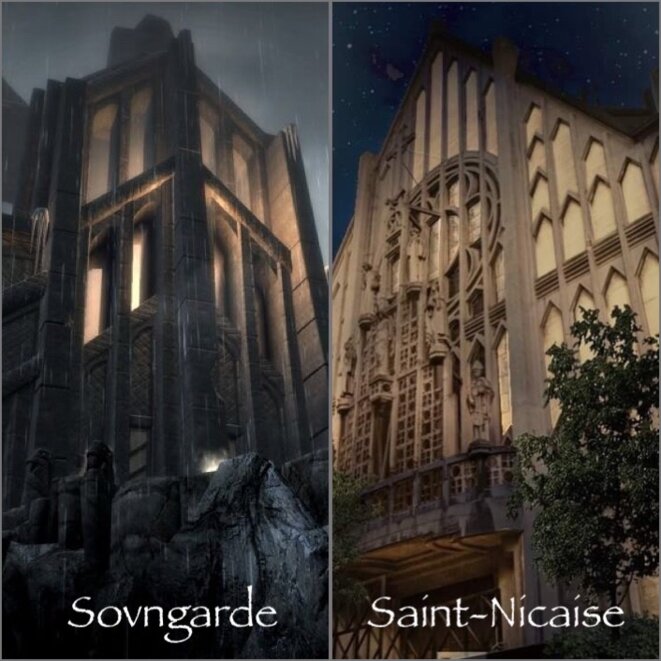 Sovngarde à Saint-Nicaise © Montage LAM / Caroline Bazin & Maxime Jouet (Crédits photo) "Façade nocturne éclairée de l’Église-Brasserie" Sovngarde à Saint-Nicaise © Montage LAM / Caroline Bazin & Maxime Jouet (Crédits photo) "Façade nocturne éclairée de l’Église-Brasserie"