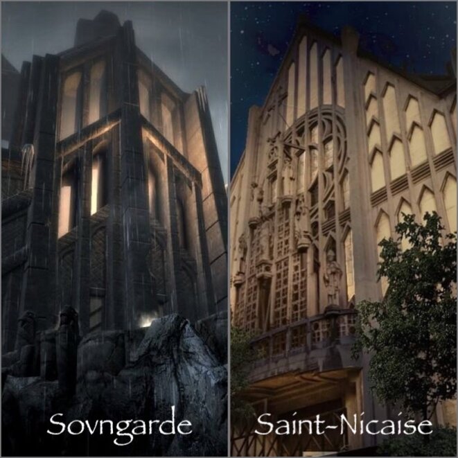 Sovngarde à Saint-Nicaise © Montage LAM / Caroline Bazin & Maxime Jouet (Crédits photo) "Façade nocturne éclairée de l’Église-Brasserie"