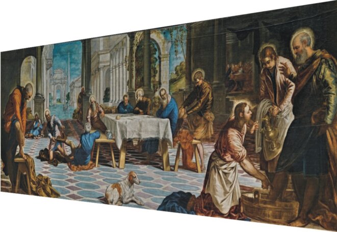 Le Tintoret, Lavement des pieds (vu par la droite), 1548-1549, huile sur toile, 210 x 533 cm, Musée du Prado. Le Tintoret, Lavement des pieds (vu par la droite), 1548-1549, huile sur toile, 210 x 533 cm, Musée du Prado.