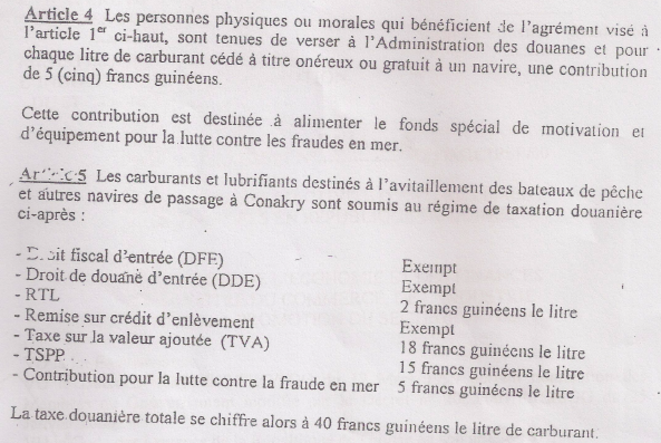 Arrêté 914/MEF/MICIPSP/00 réglementant l’activité d’avitaillement des navires en République de Guinée, Page 2, Articles 4&5 © Ministère de l'Economie et des Finances et Ministère du Commerce, de l'Industrie et de la Promotion du Secteur Privé Arrêté 914/MEF/MICIPSP/00 réglementant l’activité d’avitaillement des navires en République de Guinée, Page 2, Articles 4&5 © Ministère de l'Economie et des Finances et Ministère du Commerce, de l'Industrie et de la Promotion du Secteur Privé