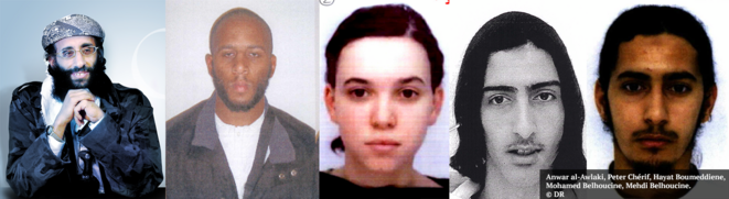 De gauche à droite : Anwar al-Awlaki, Peter Chérif, Hayat Boumeddiene, Mohamed Belhoucine, Mehdi Belhoucine. © DR De gauche à droite : Anwar al-Awlaki, Peter Chérif, Hayat Boumeddiene, Mohamed Belhoucine, Mehdi Belhoucine. © DR