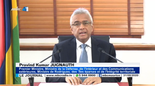 Le Premier ministre mauricien, lors de son allocution télévisée, le 31 août 2020. © MBC-TV Le Premier ministre mauricien, lors de son allocution télévisée, le 31 août 2020. © MBC-TV