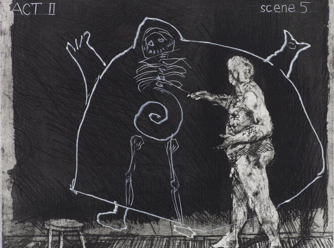 William Kentridge, Ubu Tells the Truth, 1996-1997. Eau-forte, aquatinte et pointe sèche. Courtesy de l’artiste. © William Kentridge, 2020. Photo : Studio Kentridge, Thys Dullart. William Kentridge, Ubu Tells the Truth, 1996-1997. Eau-forte, aquatinte et pointe sèche. Courtesy de l’artiste. © William Kentridge, 2020. Photo : Studio Kentridge, Thys Dullart.