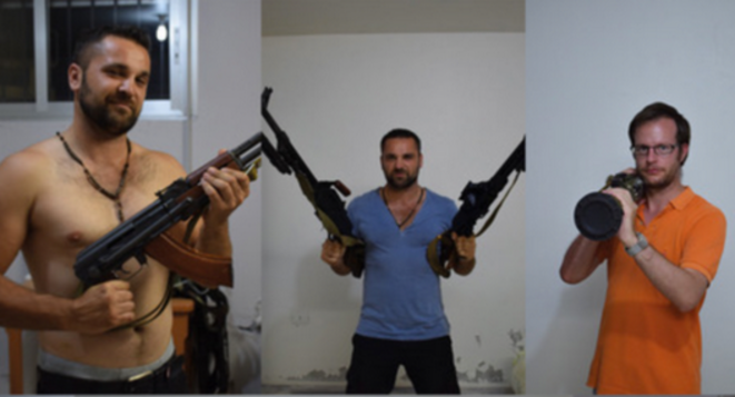 SOS Chrétiens d’Orient's former head of mission Alexandre Goodarzy (in blue and topless) and its co-founder Benjamin Blanchard (in orange) posing in a Syrian house with a rocket launcher, a Kalashnikov and machine guns.  © Document Mediapart