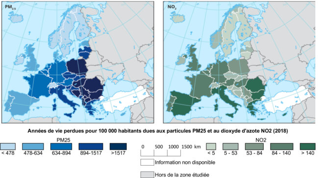Années de vie perdues pour 100 000 habitants dues aux particules PM25 et au dioxyde d'azote NO2 (2018) © Agence Européenne de l'Environnement Années de vie perdues pour 100 000 habitants dues aux particules PM25 et au dioxyde d'azote NO2 (2018) © Agence Européenne de l'Environnement
