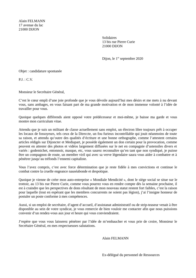 Candidature à l'attention de Solidaires Candidature à l'attention de Solidaires