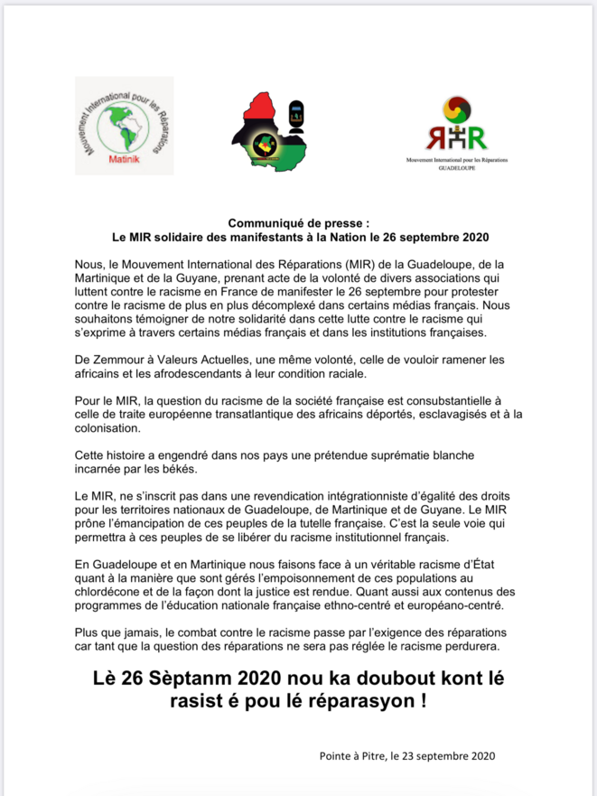 Communiqué de presse du Mouvement International pour les Réparations (MIR) Martinique-Guyane-Guadeloupe. Communiqué de presse du Mouvement International pour les Réparations (MIR) Martinique-Guyane-Guadeloupe.