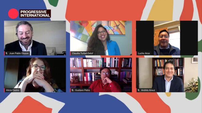 Juan Pablo Olsson,Claudia Turbet-Delof,Luis Arce,Alicia Castro, Gustavo Petro et Andrés Arauz © Internationale Progressiste Juan Pablo Olsson,Claudia Turbet-Delof,Luis Arce,Alicia Castro, Gustavo Petro et Andrés Arauz © Internationale Progressiste