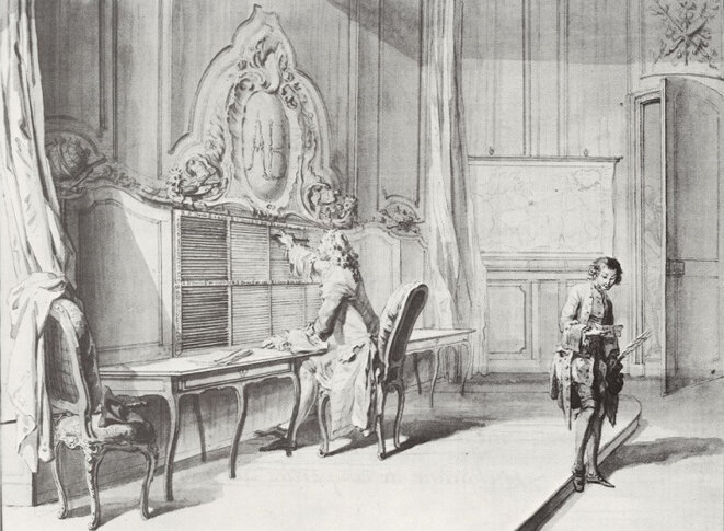 Le fichier central (dessin de Charles-Germain de Saint-Aubin, en illustration du "Mémoire sur la réformation de la police de France soumis au roi" (1749), de François-Jacques Guillotte. Celui-ci y affirme : "Voilà donc la manutention d'un million de papiers confiée à onze ou douze hommes, tout au plus." Le fichier central (dessin de Charles-Germain de Saint-Aubin, en illustration du "Mémoire sur la réformation de la police de France soumis au roi" (1749), de François-Jacques Guillotte. Celui-ci y affirme : "Voilà donc la manutention d'un million de papiers confiée à onze ou douze hommes, tout au plus."