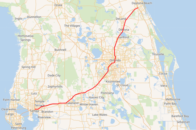 L’Interstate 4 (ou I-4) traverse le centre de la Floride, la reine des « Swing States ». © Wikimedia maps L’Interstate 4 (ou I-4) traverse le centre de la Floride, la reine des « Swing States ». © Wikimedia maps