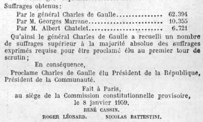 Extrait de la décision de la Commission constitutionnelle provisoire (CCP) proclamant les résultats de l'élection présidentielle du 21/12/1958 (la CCP, assumant dans le cadre des mesures transitoires de la Constituton, assumait le rôle du Conseil constitutionnel jusqu'à la mise en place des nouvelles institutions. Elle comprenait le vice-président du Conseil d'État et les premiers présidents de la Cour de cassation et de la Cour des comptes). © Copie d'écran du JORF, éd. lois et décrets, du 9/1/1959, p. 673). Extrait de la décision de la Commission constitutionnelle provisoire (CCP) proclamant les résultats de l'élection présidentielle du 21/12/1958 (la CCP, assumant dans le cadre des mesures transitoires de la Constituton, assumait le rôle du Conseil constitutionnel jusqu'à la mise en place des nouvelles institutions. Elle comprenait le vice-président du Conseil d'État et les premiers présidents de la Cour de cassation et de la Cour des comptes). © Copie d'écran du JORF, éd. lois et décrets, du 9/1/1959, p. 673).