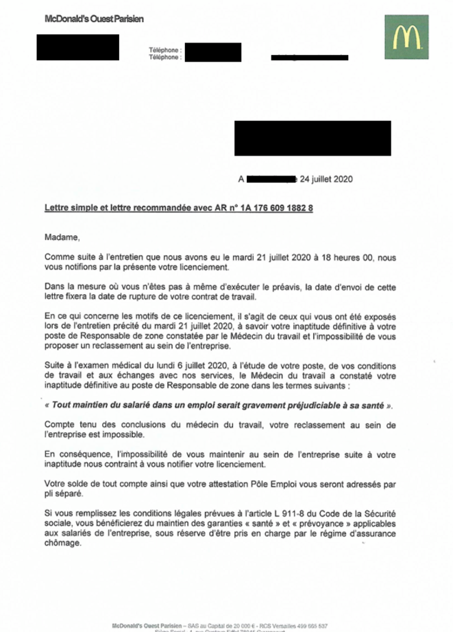 Lettre de licenciement envoyée à Jeanne, le 24 juillet 2020. "Tout maintien du salarié dans un emploi serait gravement préjudiciable à sa santé." DR Lettre de licenciement envoyée à Jeanne, le 24 juillet 2020. "Tout maintien du salarié dans un emploi serait gravement préjudiciable à sa santé." DR