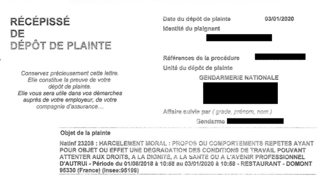En janvier 2020, Jeanne porte plainte pour harcèlement moral contre son collègue F. DR En janvier 2020, Jeanne porte plainte pour harcèlement moral contre son collègue F. DR