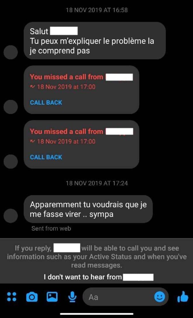 Messages envoyés par P. à Laure, le 18 novembre 2019. DR Messages envoyés par P. à Laure, le 18 novembre 2019. DR