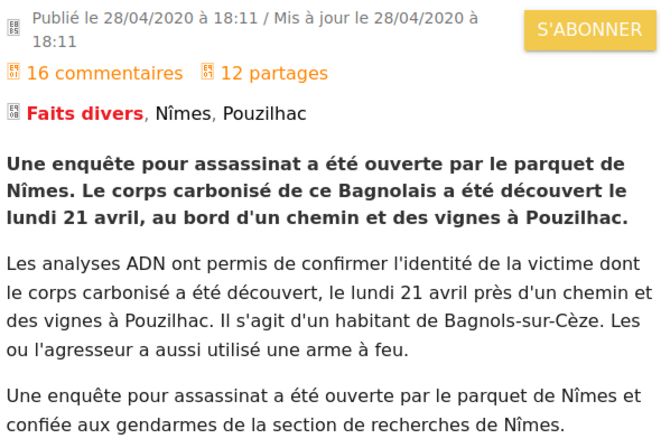 Capture d'écran Midi Libre Fait divers du 28/04/2020 Capture d'écran Midi Libre Fait divers du 28/04/2020