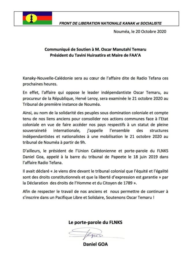 Communiqué du FLNKS. Daniel Goa. Communiqué du FLNKS. Daniel Goa.