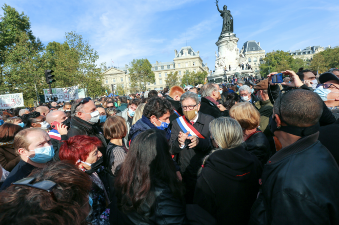 Jean-Luc Mélenchon, au rassemblement en hommage à Samuel Paty, place de la République, le 18 octobre. © Michel Stoupak / NurPhoto / NurPhoto via AFP Jean-Luc Mélenchon, au rassemblement en hommage à Samuel Paty, place de la République, le 18 octobre. © Michel Stoupak / NurPhoto / NurPhoto via AFP