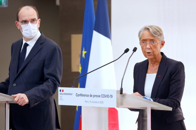 Le premier ministre Jean Castex et la ministre du travail Élisabeth Borne, le 15 octobre 2020. © Ludovic Marin / POOL / AFP