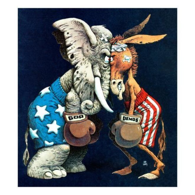El elefante y el burro, los respectivos símbolos de los partidos republicano y demócrata. © DR