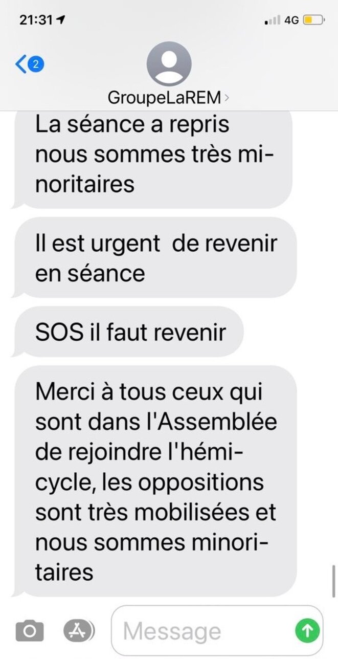 SMS internes au groupe LREM, 3 novembre 2020. © DR SMS internes au groupe LREM, 3 novembre 2020. © DR