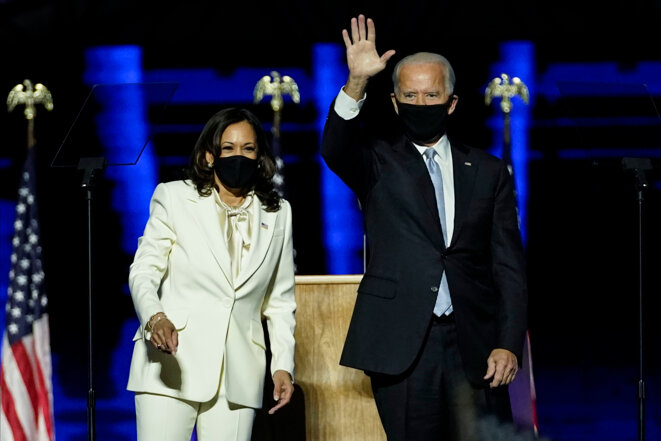 Le 46e président élu des Etats-Unis, Joe Biden, et la vice-présidente, Kamala Harris, lors de leur discours à Wilmington (Delaware), samedi 7 novembre au soir. © Andrew Harnik-Pool/Getty Images/AFP Le 46e président élu des Etats-Unis, Joe Biden, et la vice-présidente, Kamala Harris, lors de leur discours à Wilmington (Delaware), samedi 7 novembre au soir. © Andrew Harnik-Pool/Getty Images/AFP