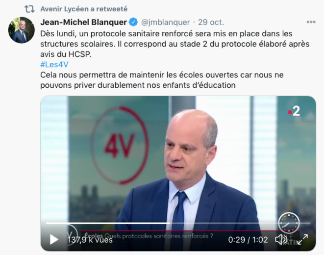 Sur les réseaux sociaux, Avenir Lycéen relaie la communication de Jean-Michel Blanquer. © Capture d’écran Twitter Sur les réseaux sociaux, Avenir Lycéen relaie la communication de Jean-Michel Blanquer. © Capture d’écran Twitter