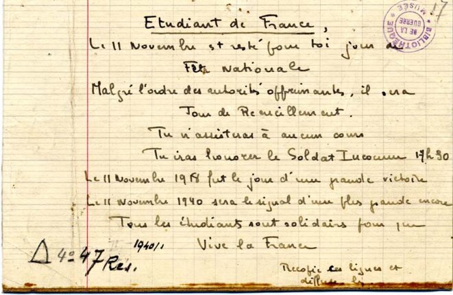 Tract manuscrit d'appel au 11 novembre 1940. Coll. La contemporaine. Tract manuscrit d'appel au 11 novembre 1940. Coll. La contemporaine.