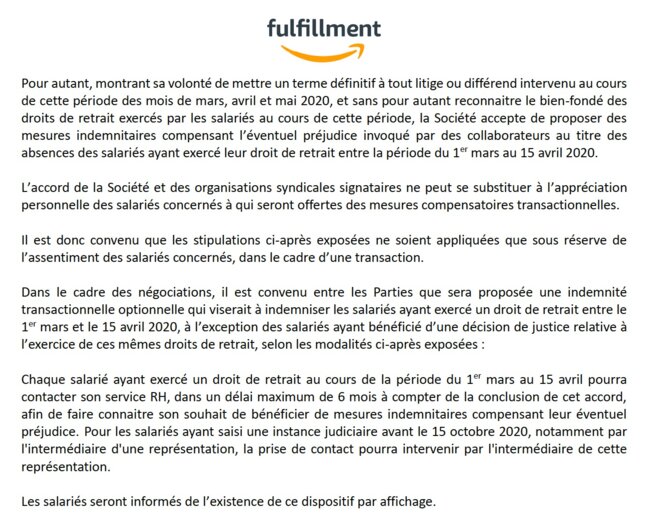 Extrait de l'accord sigé par les syndicats d'Amazon le 30 octobre. Extrait de l'accord sigé par les syndicats d'Amazon le 30 octobre.