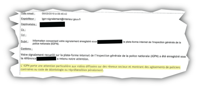 Courriel de l'Inspection générale de la police nationale (IGPN), 8 mars 2019.