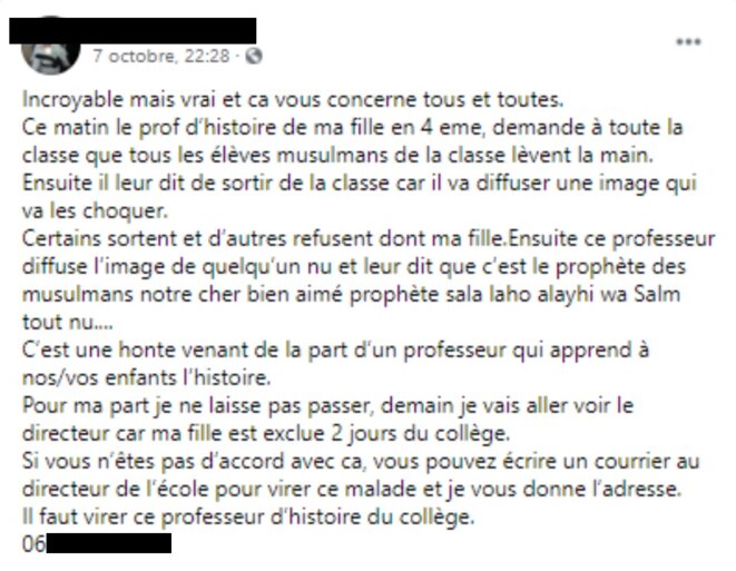 Capture d’écran du premier message relayé par Brahim C. le 7 octobre sur sa page Facebook au sujet de la polémique sur le cours de M. Paty. Capture d’écran du premier message relayé par Brahim C. le 7 octobre sur sa page Facebook au sujet de la polémique sur le cours de M. Paty.