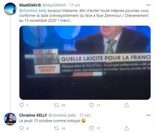 Capture d’écran de l’échange sur Twitter entre Christine Kelly et un internaute sur la date d’enregistrement de l’émission du 15 octobre 2020.. Capture d’écran de l’échange sur Twitter entre Christine Kelly et un internaute sur la date d’enregistrement de l’émission du 15 octobre 2020..