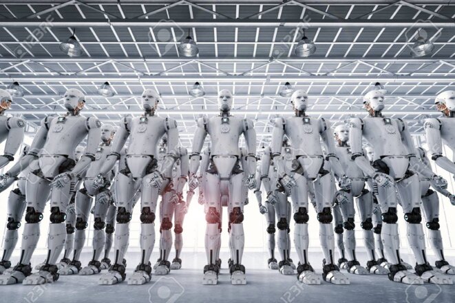 armee-de-robot-de-rendu-3d-ou-groupe-de-cyborgs-en-usine